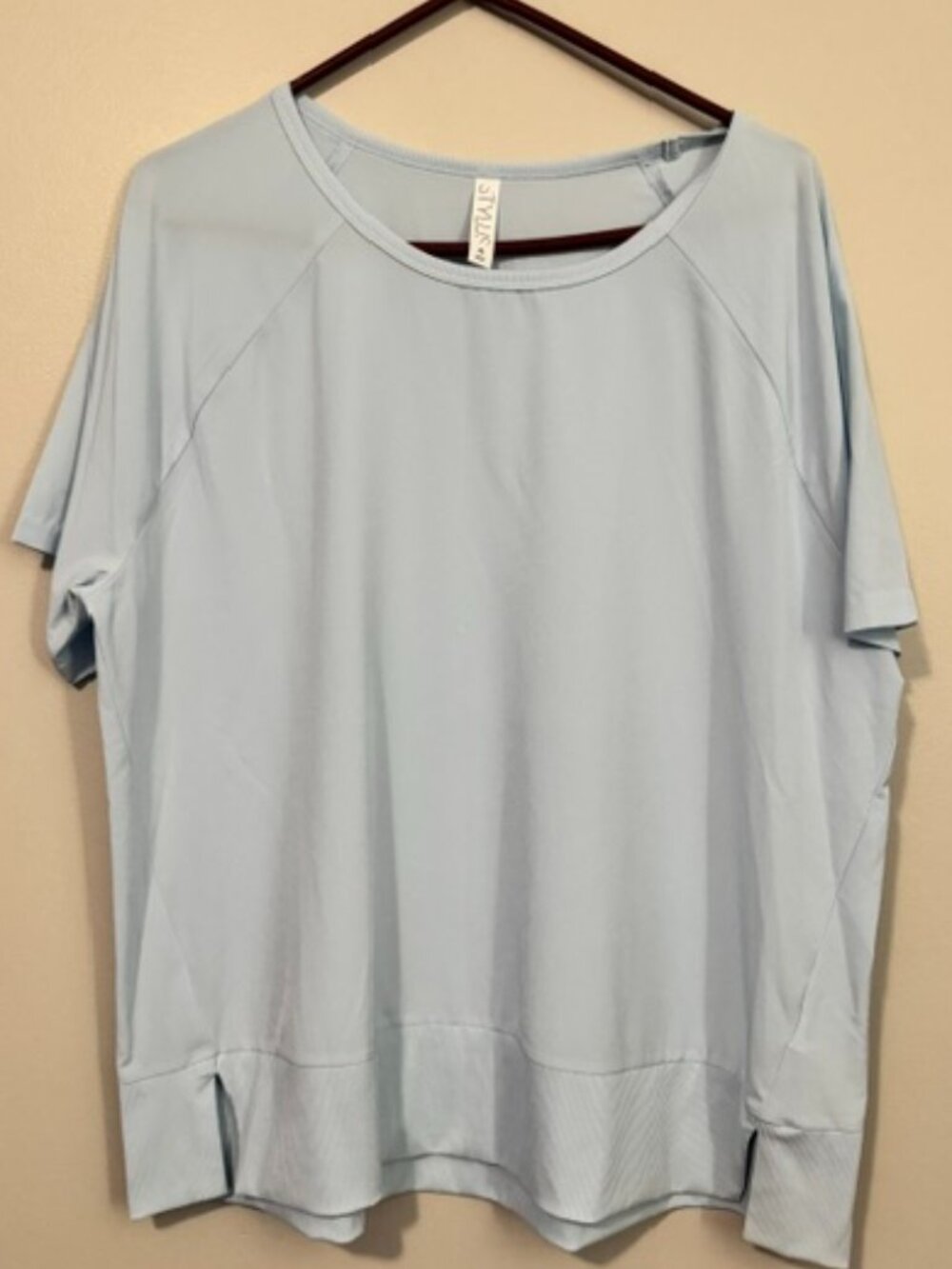Woman's Stylus Short Sleeve Blouse w Elastic Waist Color Light Blue Size XL
